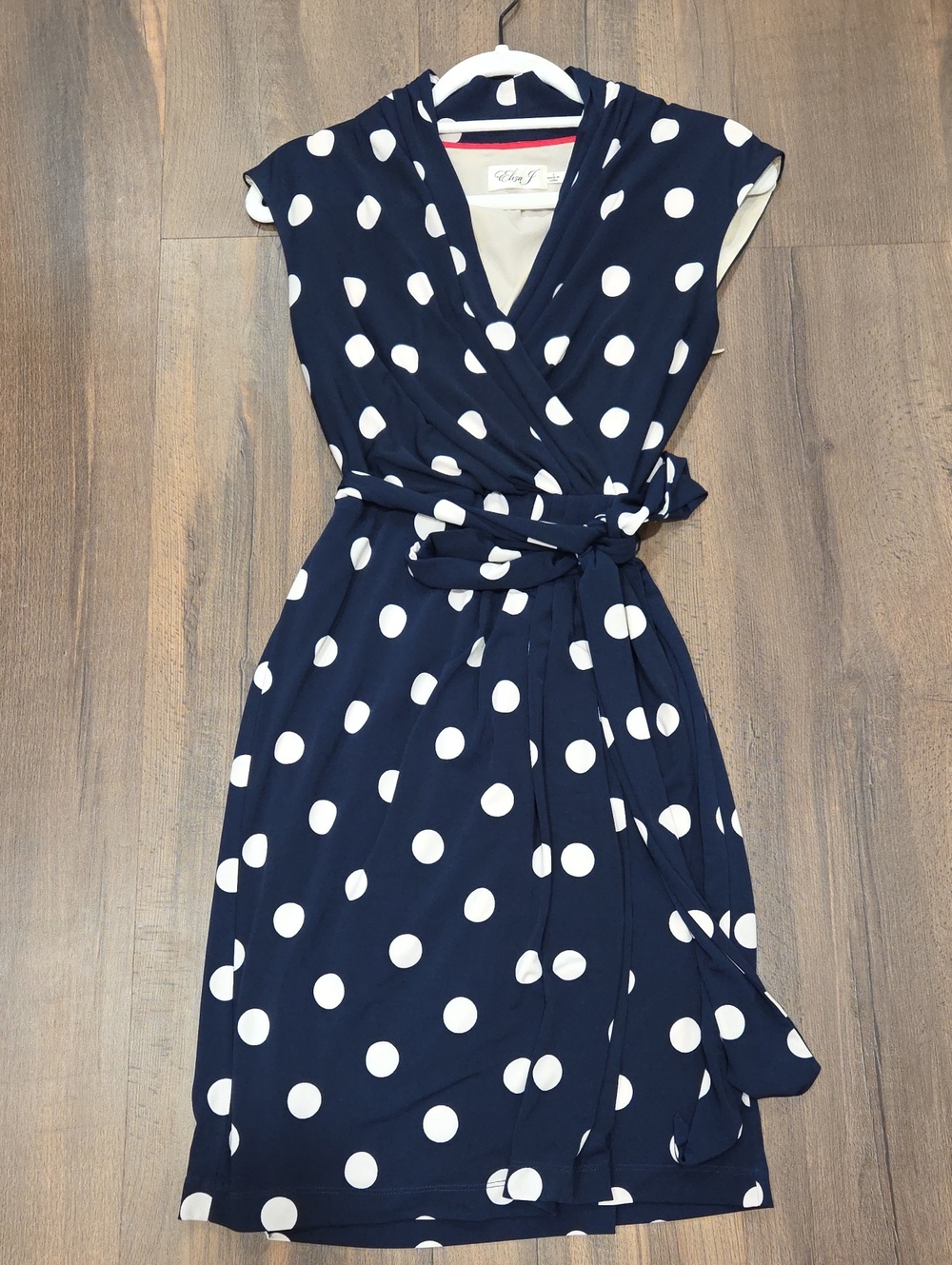 Eliza J Navy and Cream Polka Dot Wrap Dress with Waist Tie